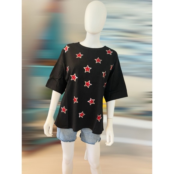 PEACH LOVE CALIFORNIA Sequin star black tunic tee S M L - Picture 6 of 8
